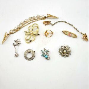 Vintage Jewelry Lot, brooches, stick pin, sweater clips, 9 pieces